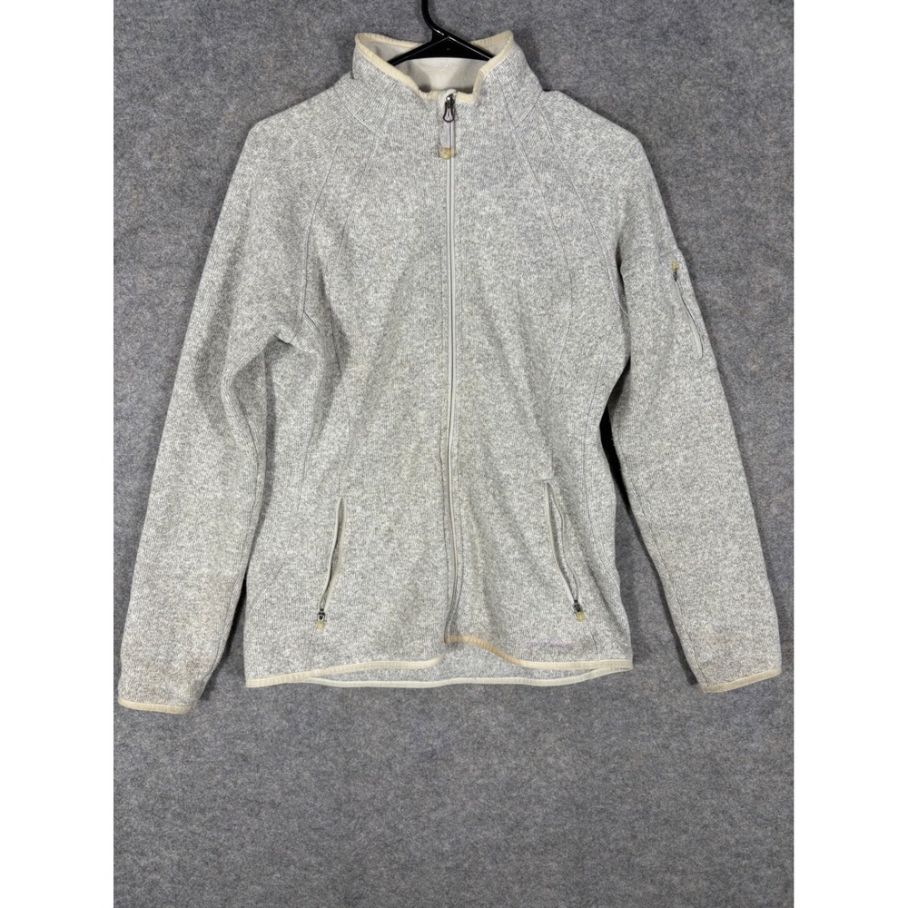 Eddie Bauer Full Zip Fleece Jacket Womens L Gray Textured Mock Neck‎ Pockets